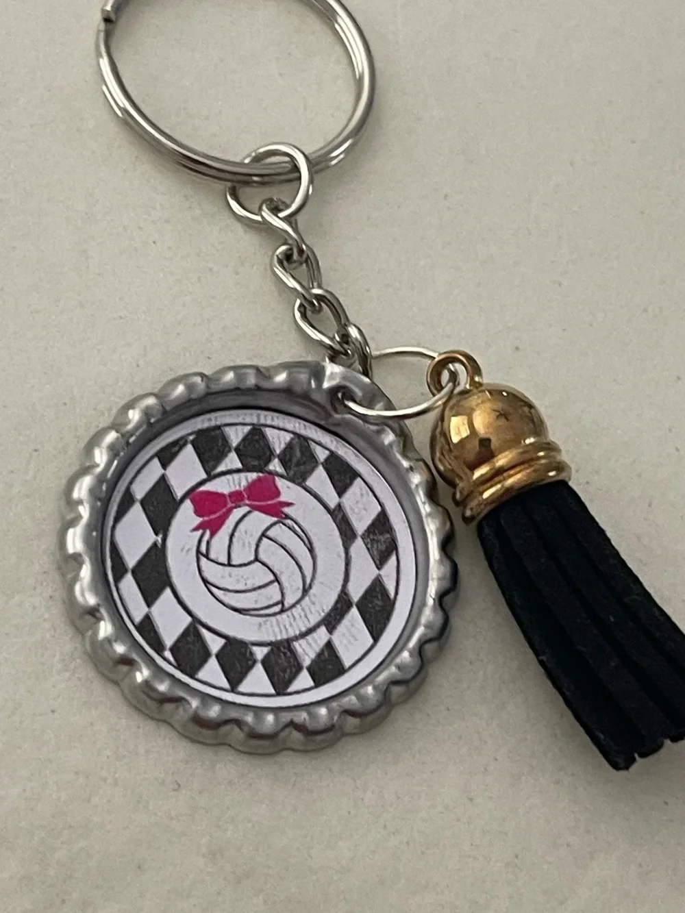 Silver Bottle Cap Volleyball Charm Keychain with Pink Accent